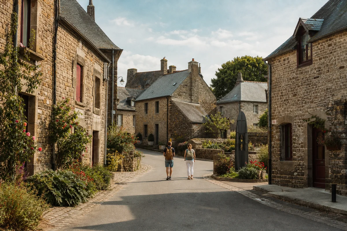 Des visiteurs dans une rue fleurie bordée de maisons en granit