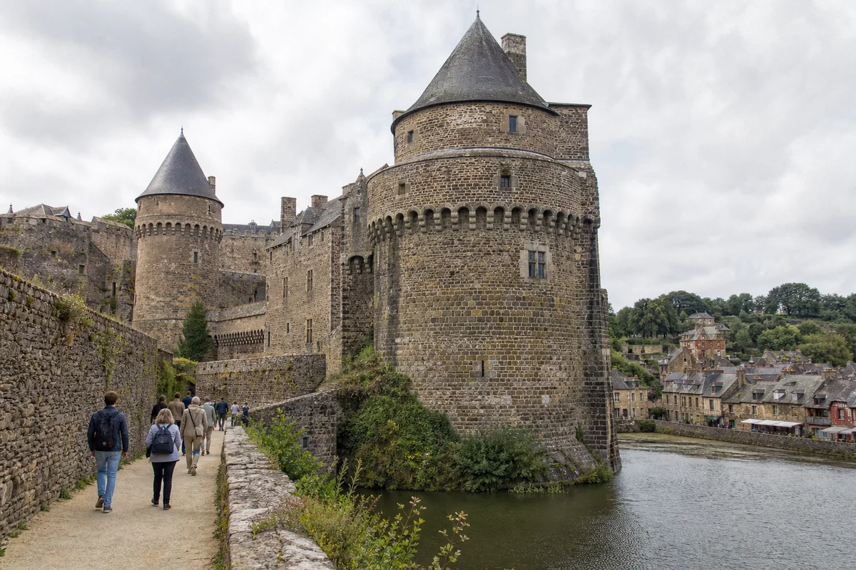 Des visiteurs longent les tours, les remparts et l’eau d’une forteresse médiévale