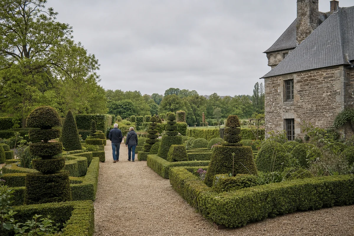 Des visiteurs traversent un jardin de topiaires près d’une demeure en pierre