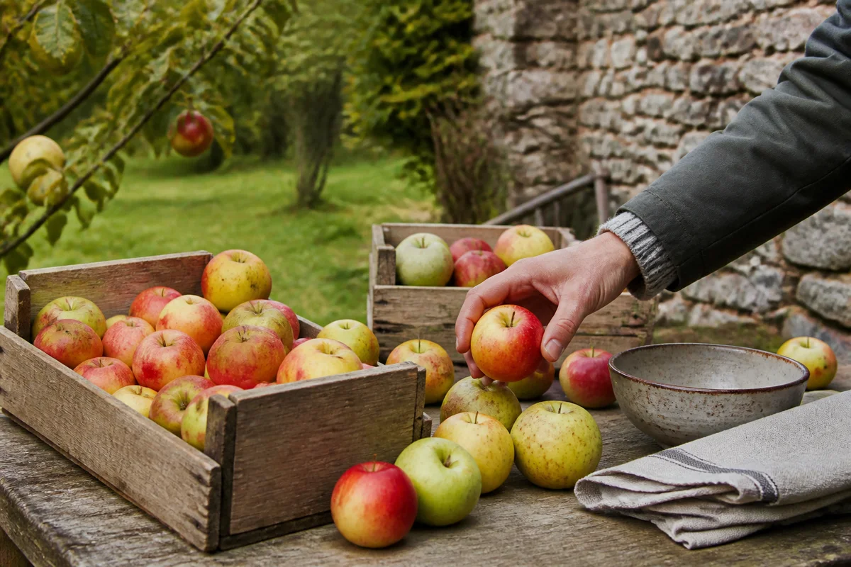 Des pommes fraîches dans des caisses en bois sur une table près d’un verger