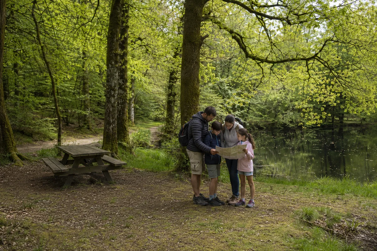 Une famille consulte une carte près d’un étang et d’une table de pique-nique en forêt