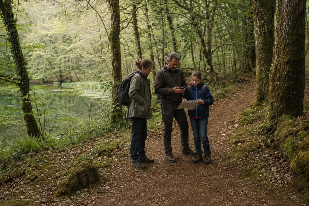 Une famille compare une carte papier et un téléphone sur un chemin forestier